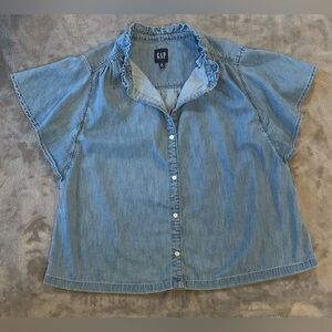 GAP Denim Button-Up Shirt with Ruffle Trim and Flutter Sleeves